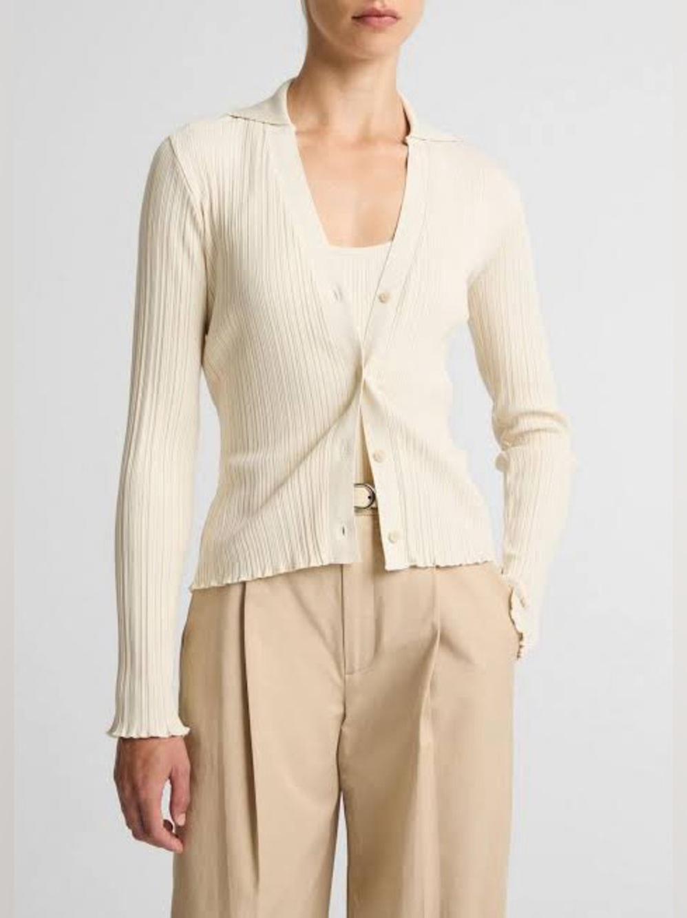 Vince Variegated-Rib Cotton-Blend Polo Top size S 

Color: Flax